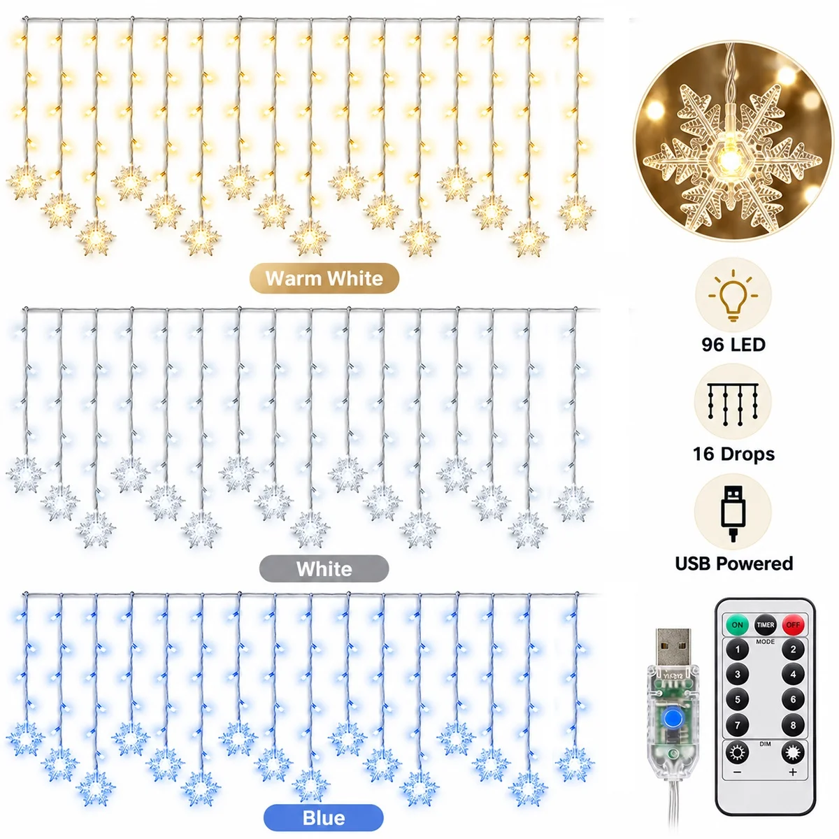 1pc Christmas Window 96 LED Icicle Lights Curtain String Lights with Snowflake USB Powered for Indoor Outdoor Party Xmas Decor