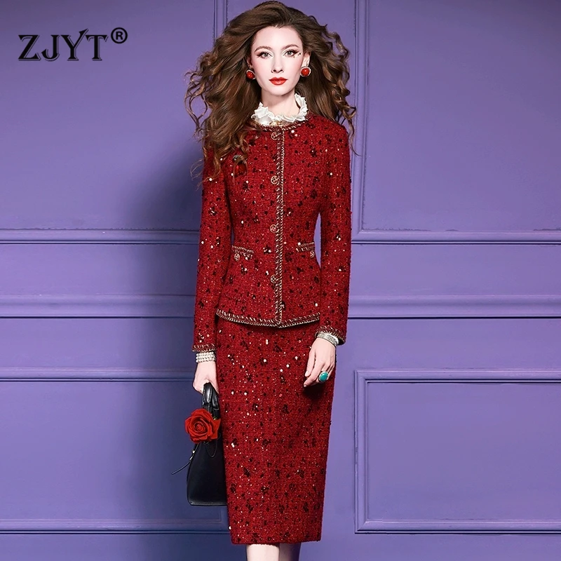 

ZJYT Autumn Winter 2025 Women Sequined Tweed Woolen Jacket Suit with Skirt Set Two Piece Outfit Office Lady Work Wear Party Red