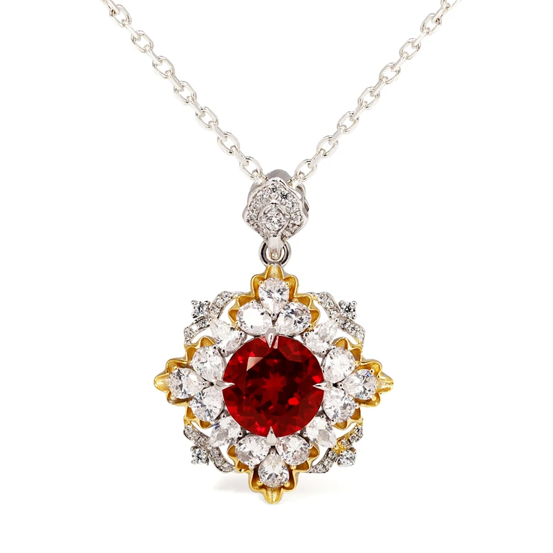 

Modern Fashionable 925 Silver Necklace with High-End Round Ruby Pendant Cultivated and Stylish Colored Gemstone Design