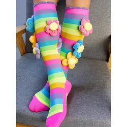 Children's Rainbow Striped Stockings, Stockings, Novelty Fashion, AB Knee Socks, Birthday Gift, 4 Sunflower