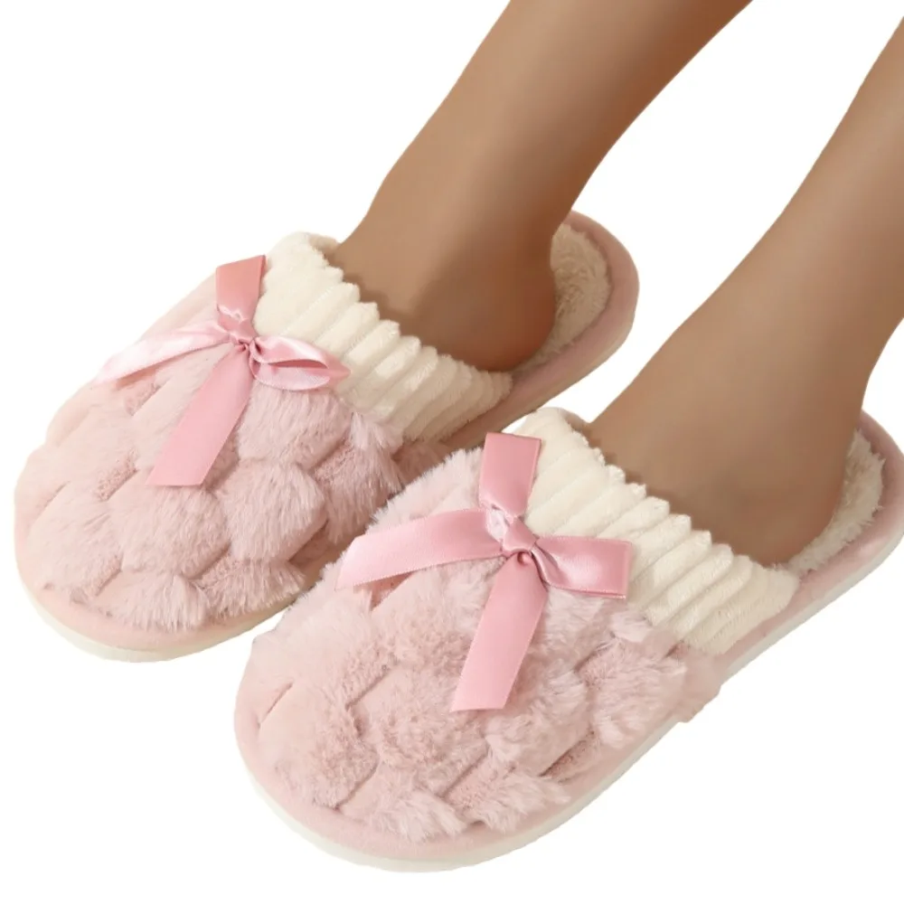 

Soft Plush Warm Fur Slippers Flat Heel Student Winter Warm Slippers Home Bedroom Fluffy Bow Slippers Women