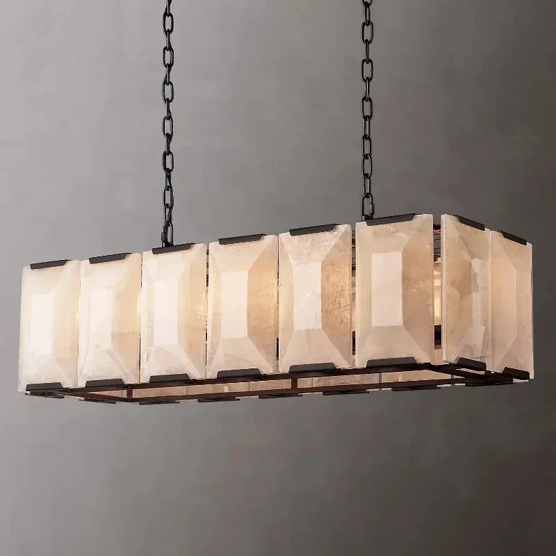 

American Rectangular Alabaster Chandelier Glossy Hanging Lighting For Villa Dining Room Living Room Bedroom Kitchen Corridor