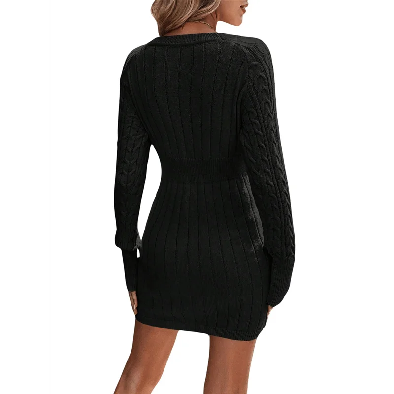 ABP- فستان سترة نسائي منسوج بأكمام طويلة فساتين خريف وشتاء متماسكة بياقة دائرية فساتين رصاص صغيرة