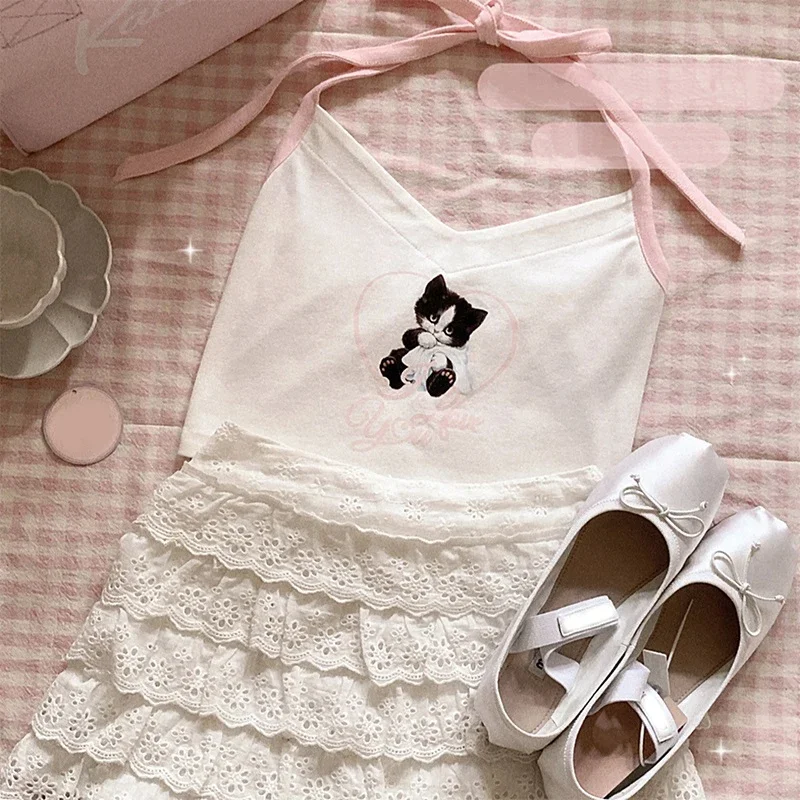 Y2k Crop Top for Sweet Girls Cute Tops Women Summer 2023 Cotton Camis Cat Print Lolita Style Cropped Kawaii Clothes