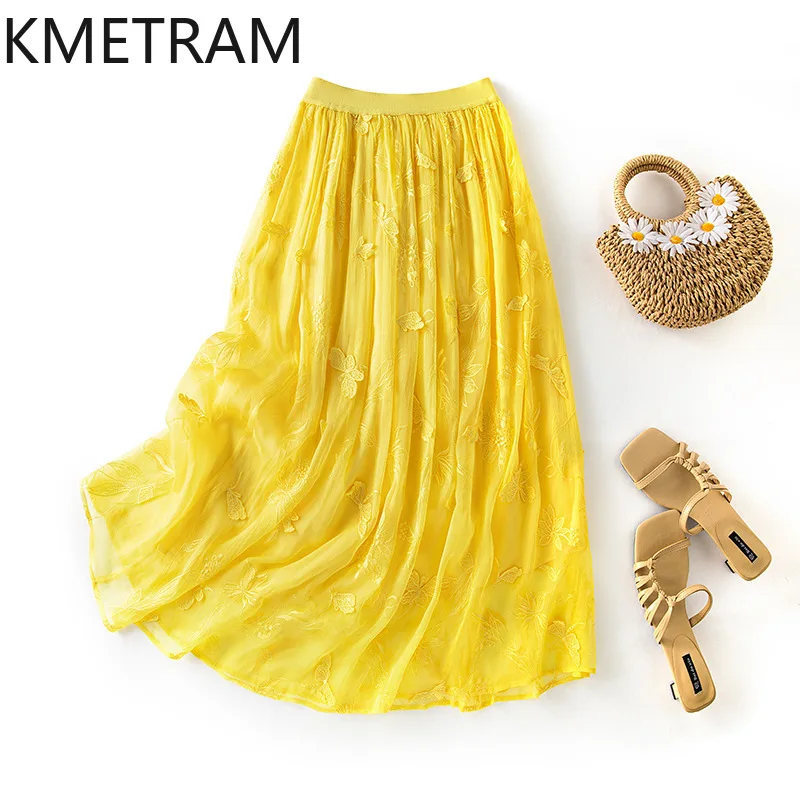 KMETRAM 100% Mulberry Silk Women's Skirts Embroidered Solid Color Skirt Elastic Waist Long Skirts 2026 Summer Woman Clothing 스커트