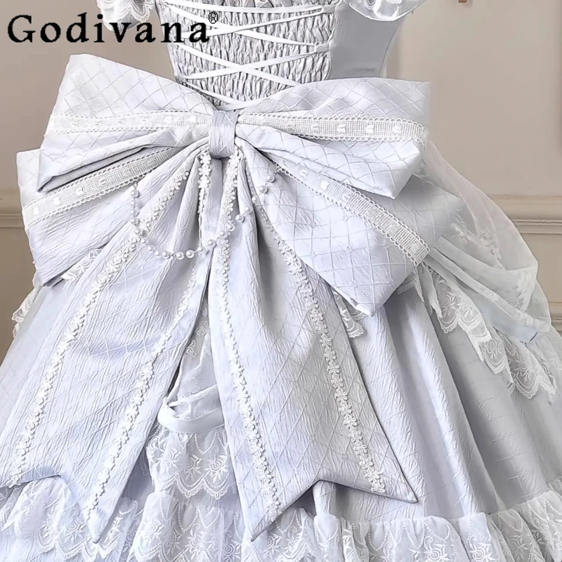 الأزرق الحلو فتاة دمية الدانتيل لوليتا فستان بلا أكمام تأثيري عيد ميلاد فستان الأميرة المرأة حفل زفاف فستان Kawaii