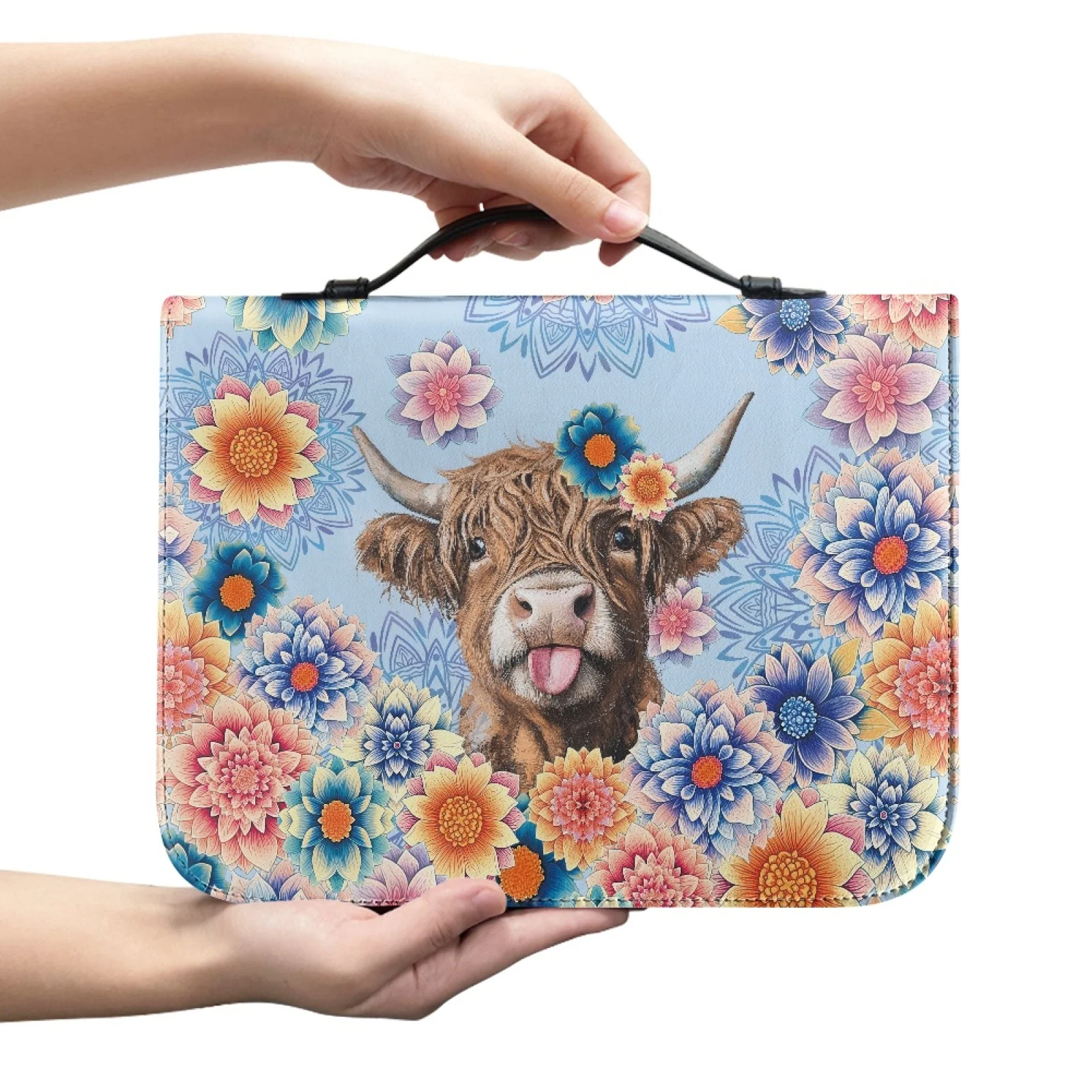 XIXIRIMIDO Highland Cow Floral 2026 Collection Top Handle Bible Bag for Women PU Leather Bible Carrying Book Case