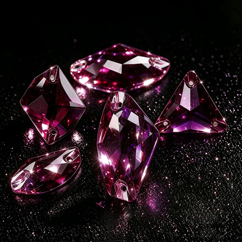 PUBRILEX Fuchsia Glass Sewn Rhinestones Flat-back DIY Crafts Arts Supplies Purple Sewing Crystal Stones For Bags Home Decoration