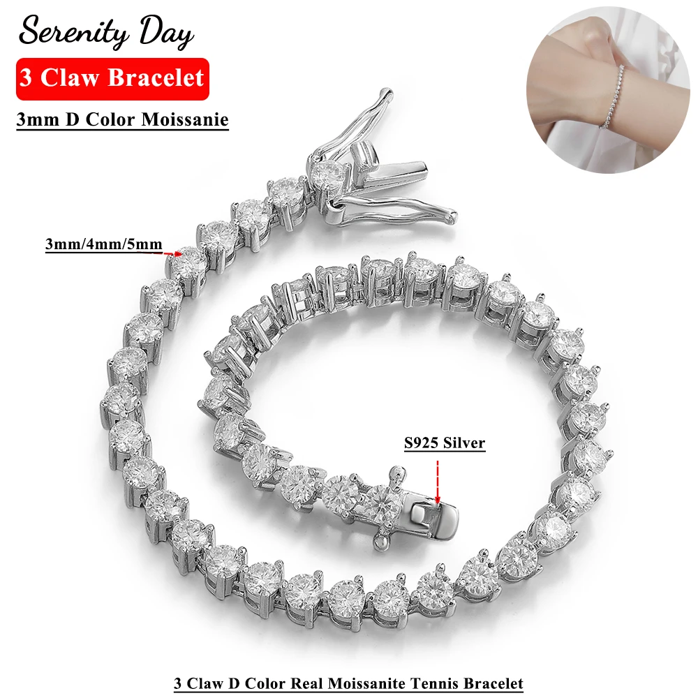 Serenity 3 Claw D Color 3mm Real Moissanite Tennis Bracelet For Women S925 Sterling Silver Plated 18K Man Bracelet Fine Jewelry