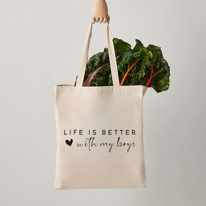 Life Is Better with My Boys Pattern Tote Bag Canvas Shoulder Bags Women's Reusable Shopping Bag Trendy Folding Shoulder Bag