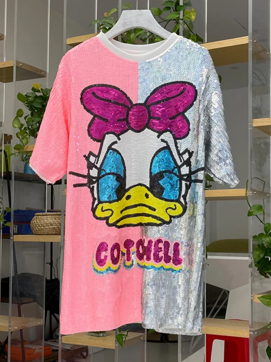 Stylish Loose Round Neck T-shirt Spring and Summer Fashion Brand Cartoon Sequins Color Matching Short Sleeve T Shirts for Women