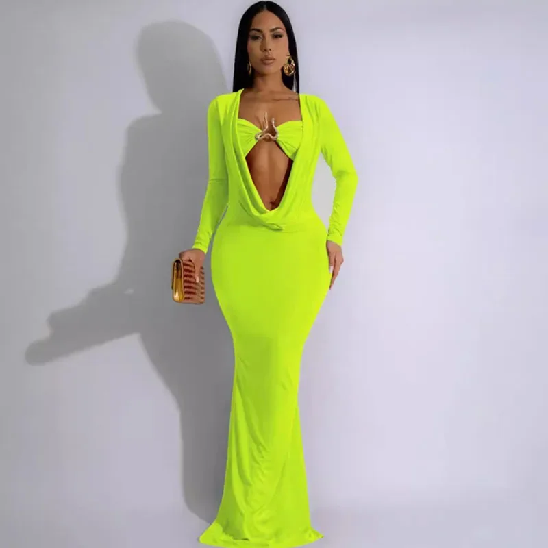 Elegante Geraffte Tiefen V-ausschnitt Langarm Bodycon Maxi Kleid Frauen Abend Nachtclub Party Promi Prom Meerjungfrau Lange Kleider Robe