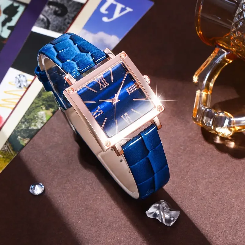 5 قطعة/المجموعة ساعات نسائية موضة ساحة حلقة من جلد كوارتز ساعة حجر الراين طقم مجوهرات (بدون صندوق) #3