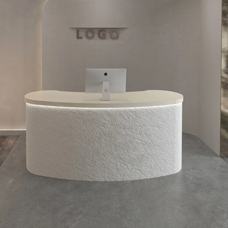 مكاتب استقبال مستديرة بنية فاخرة ديكور بوتيك ملابس مقوسة مكتب استقبال أبيض صغير Empfangs Theke أثاث المكاتب #2