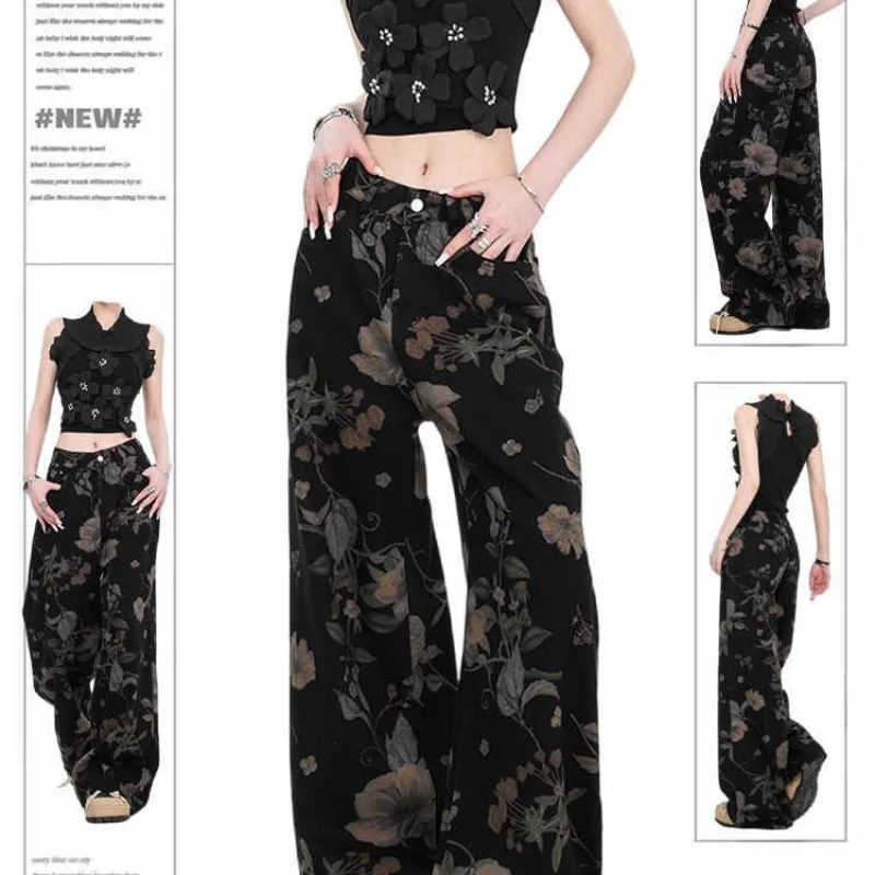Retro American Printed Jeans 2026 Spring New Design High-waisted Tube Pants Loose Straight Versatile Mopping Pants Tide Trousers