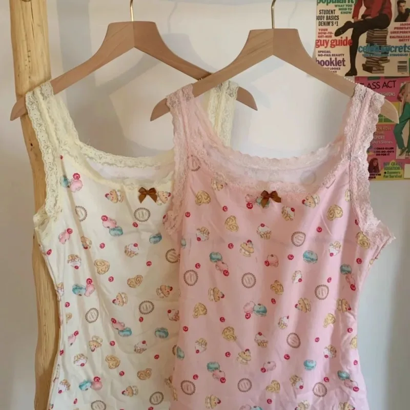 اليابانية لطيف الحلو كعكة طباعة تانك القمم Kawaii أكمام الدانتيل حافة القوس بروتيل الصيف عادية رقيقة لينة القمم خارج المرأة 2025 #6