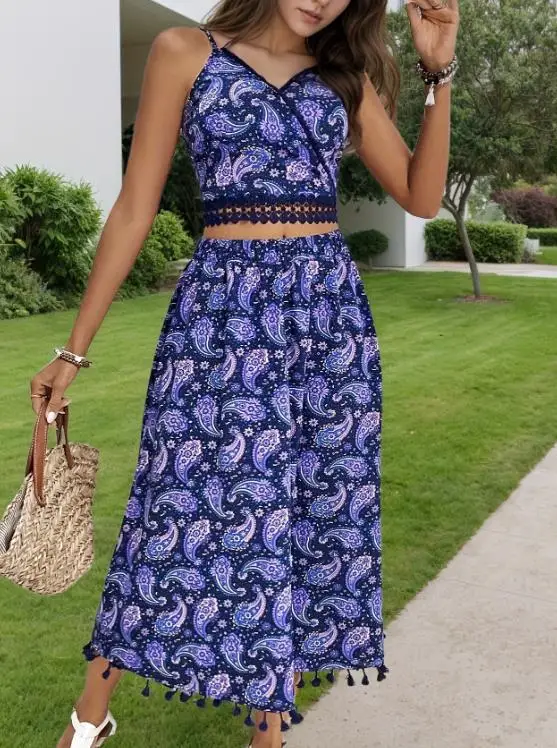 

2026 Elegant Sexy 2 Piece Sets Printed Women's Dress Vacation Storm Simia Backless Sleeveless Shoulder Strap Vest Top Skirt Set