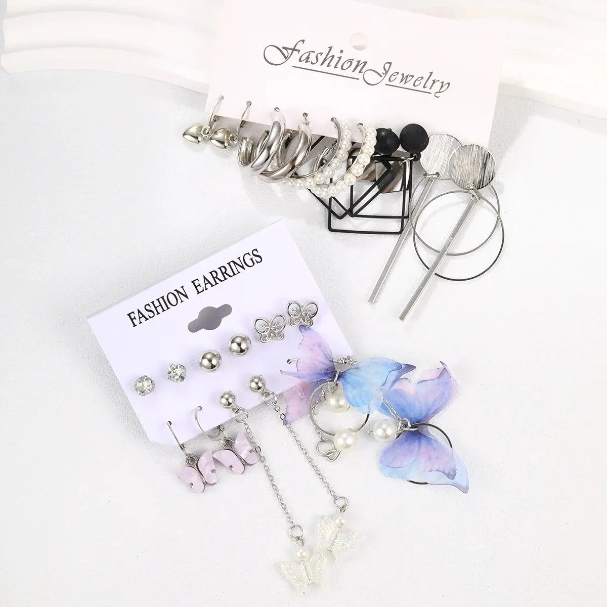 الفضة شرابة القرط مجموعة للنساء ، فراشة ، مربع ، الهندسة اللؤلؤ ، 11 قطعة