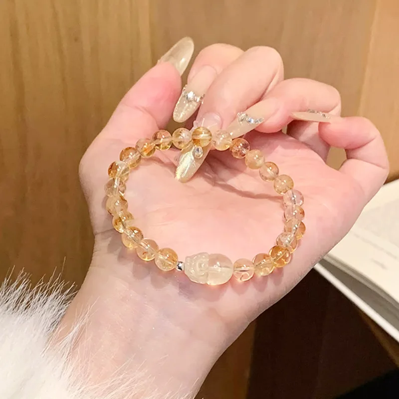 Pixiu Citrine Bracelet Tiger Eye HandString Wealth Lucky Fortune Boost Career Yellow Crystal Stacking Bracelet Women Blessing