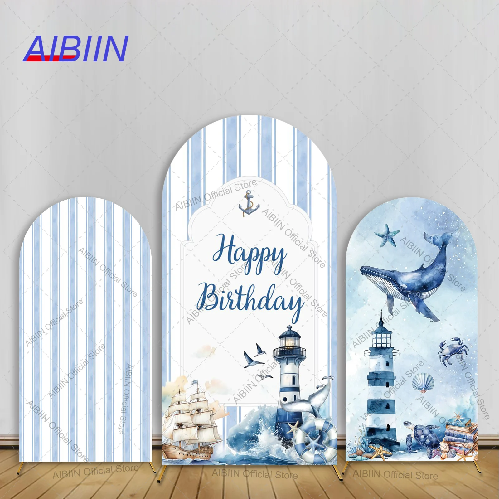 

Хорабрый мальчик, навигация, приключение, день рождения, арка, фон, чехол, синяя полоса, морские животные, чайка, парусник, маяк, торт, декор для вечеринки