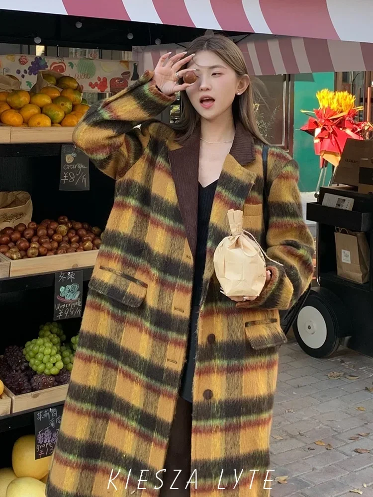 

Fashion street 2024 Winter High Quality Retro Loose Long Woolen Coat with Yellow Thick Plaid Woolen Blend Office Jackets women