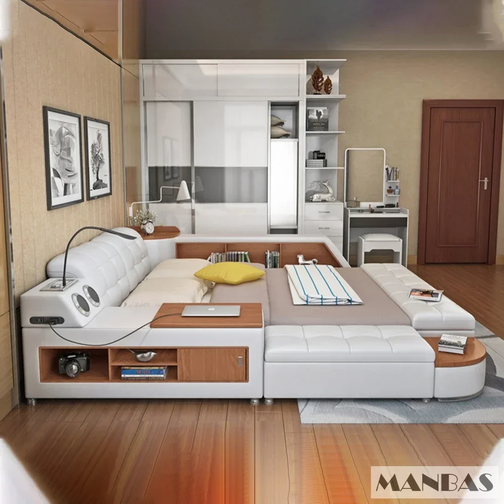 Linlamlim Tech Smart Bettgestell |   Multifunktionales Ultimate-Bett mit Tatami, USB und Lautsprecher |   Gepolsterte Camas aus echtem Leder