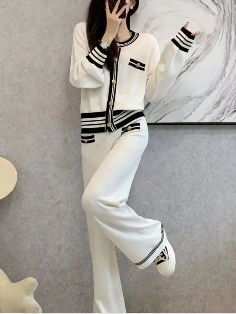 Autumn/Winter Casual Two Piece Sets Single Breasted Stripes Patchwork Knitted Cardigan Sweater and Wide Leg Pants Female Suit