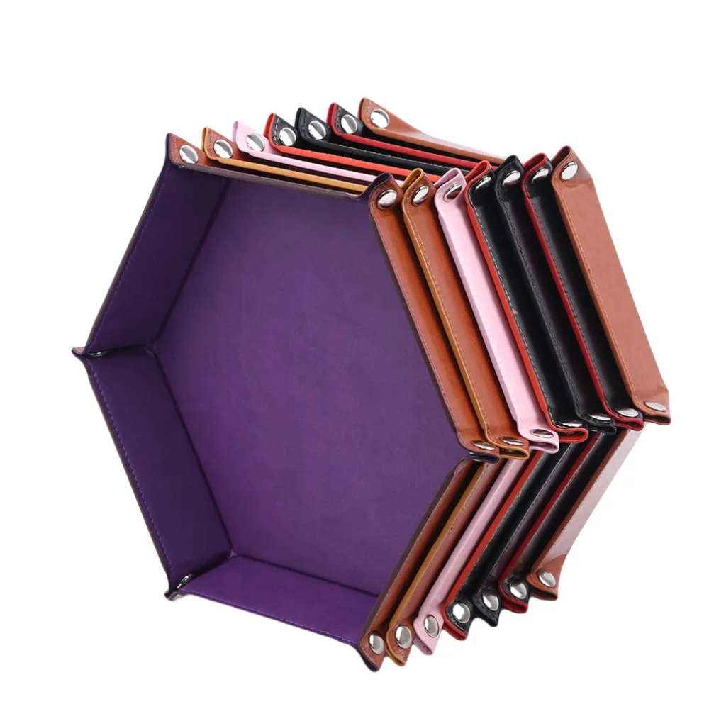 Rolling Folding Hexagon Dice Game Storage Tray PU Leather&Velvet Mat Holder Double Sided Thick Office Supplies Storage Tools