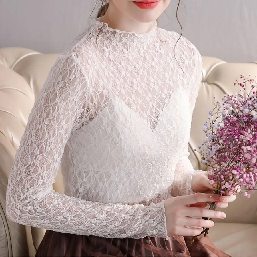 Blouse Women Turtleneck Grenadine Women Long Sleeve Gauze Clothes Perspective Hollow-out Lace Tops Blusas Ropa De Mujer