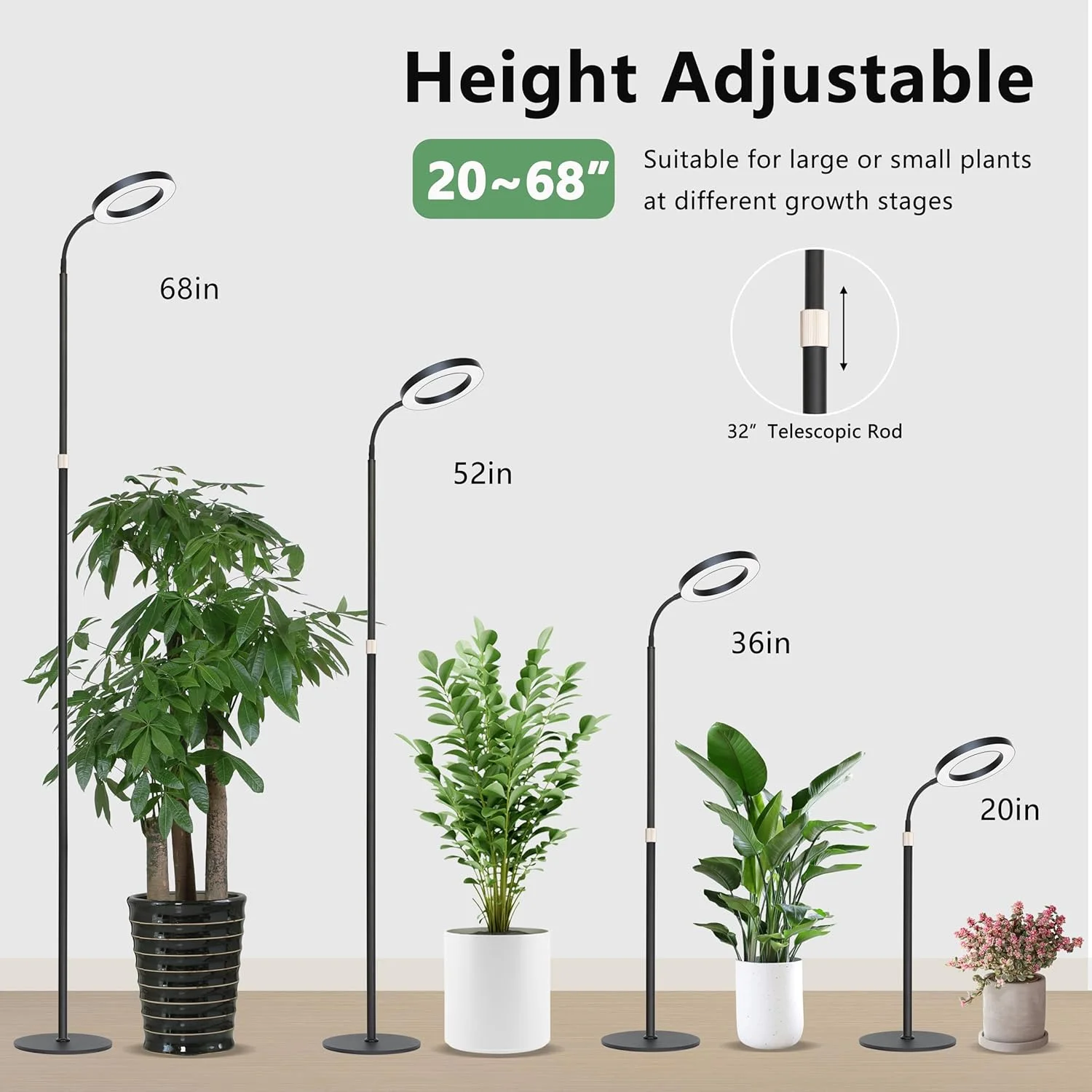 Goose - Neck LED Plant Growth Light for Indoor Plants, Full Spectrum, Timer equipped,  Brightness & 68 Inch Height Adjustable