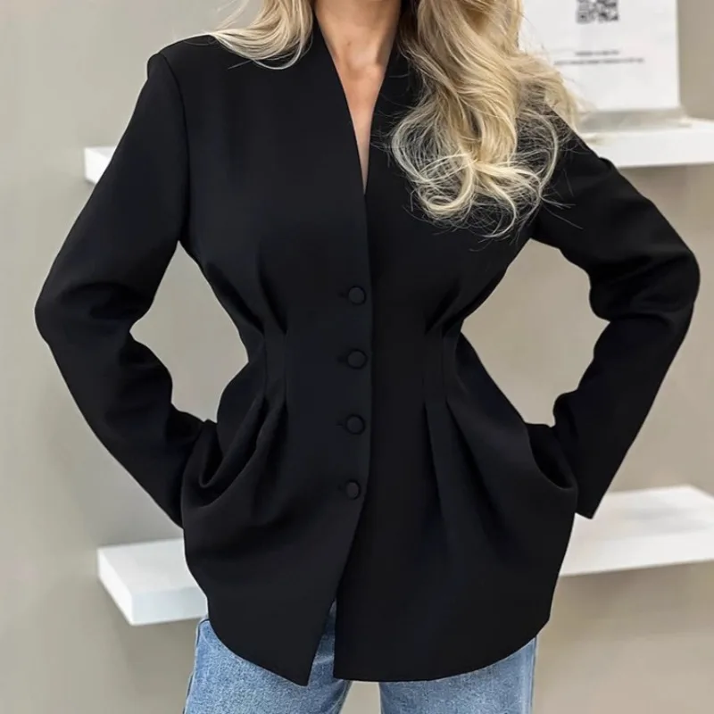 Waist-cinching Blazers Coat Women Elegant Single Breasted V-neck Jackets Autumn Ladies High Street Outwear Classic Office Wear