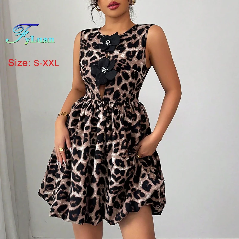サマースパイシーガールスタイル　レオパード柄ノースリーブワンピース　花柄カットアウト　ハイウエスト　レディースAラインワンピース　セクシーパーティーイブニングドレス