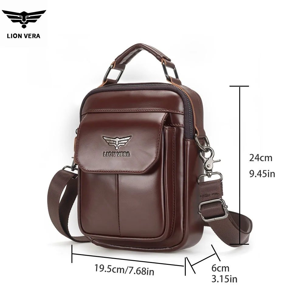 LION VERA Men's Genuine Leather Shoulder Bag Multifunctional 7.6-inch Tablet Handbag Retro Casual Crossbody Bag Cowhide