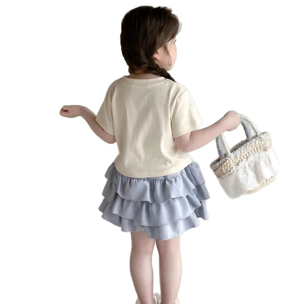 2026 summer baby kids children suit Girls set Clothes bow cat t-shirt + pleated layered skirt 2 3 4 5 6 7 8 year