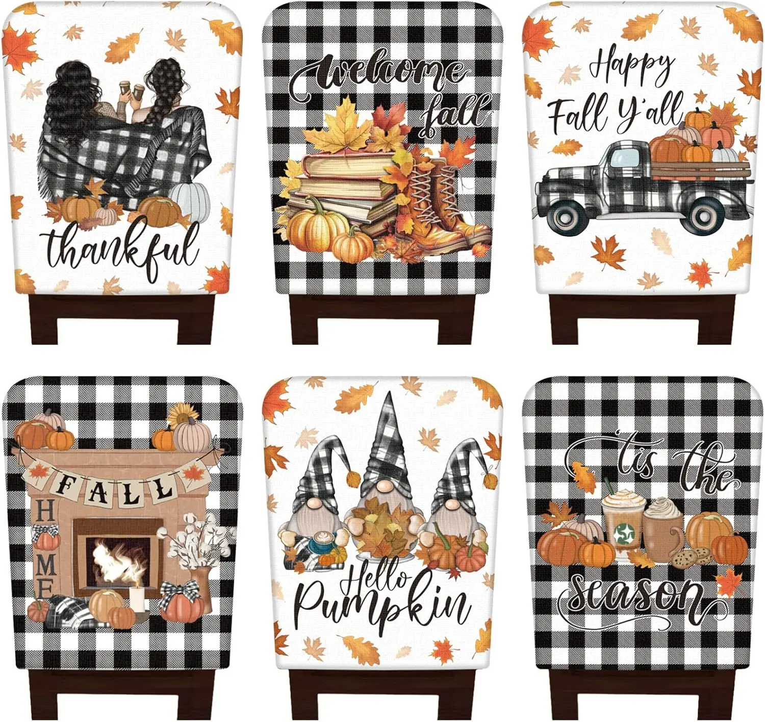 

6 Pcs Fall Chair Covers Set Autumn Chair Ba Cover Thanksgiving Dining Chair Slipcovers Buff Plaid Removable Chair Seat