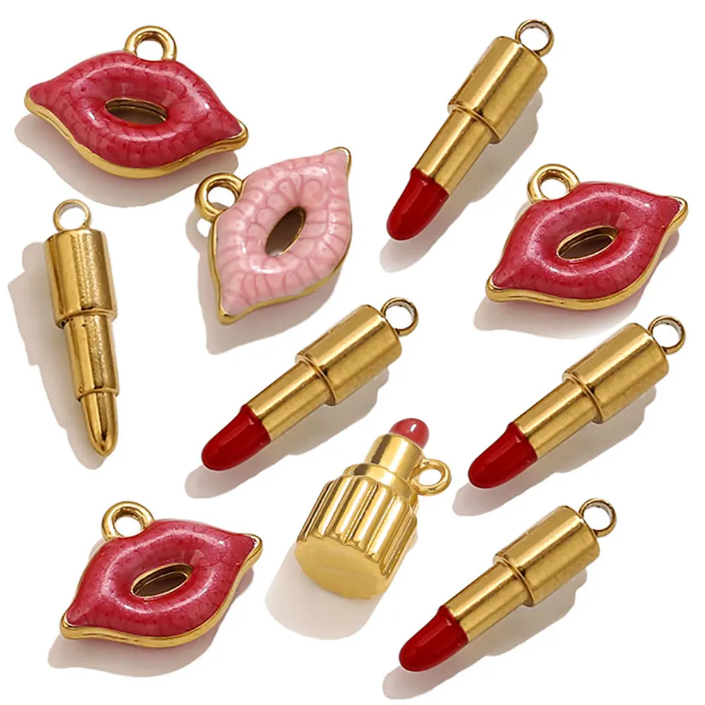 4pcs Stainless Steel Pink Red Lips Lipstick Charms Metal Earring Necklace Bracelet Jewelry Making Materials  Accessories Craft