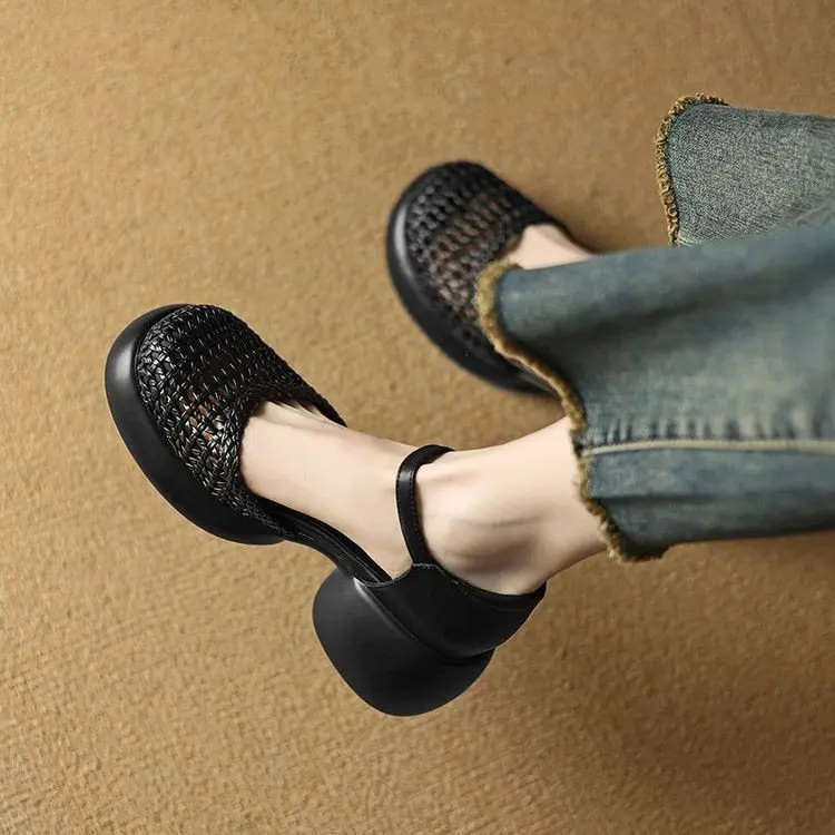 

Сандалии из натуральной кожи Fairy T Sle, женские летние сандалии на массивном каблуке, новые тканые туфли на высоком каблуке с блестящим каблуком