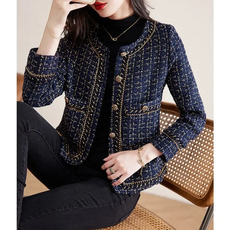 Vintage Cropped Tweed Jacket Women Blazer Korean Chic Single-breasted Long Sleeve Plaid Coat Spring Autumn Suit Outerwear New