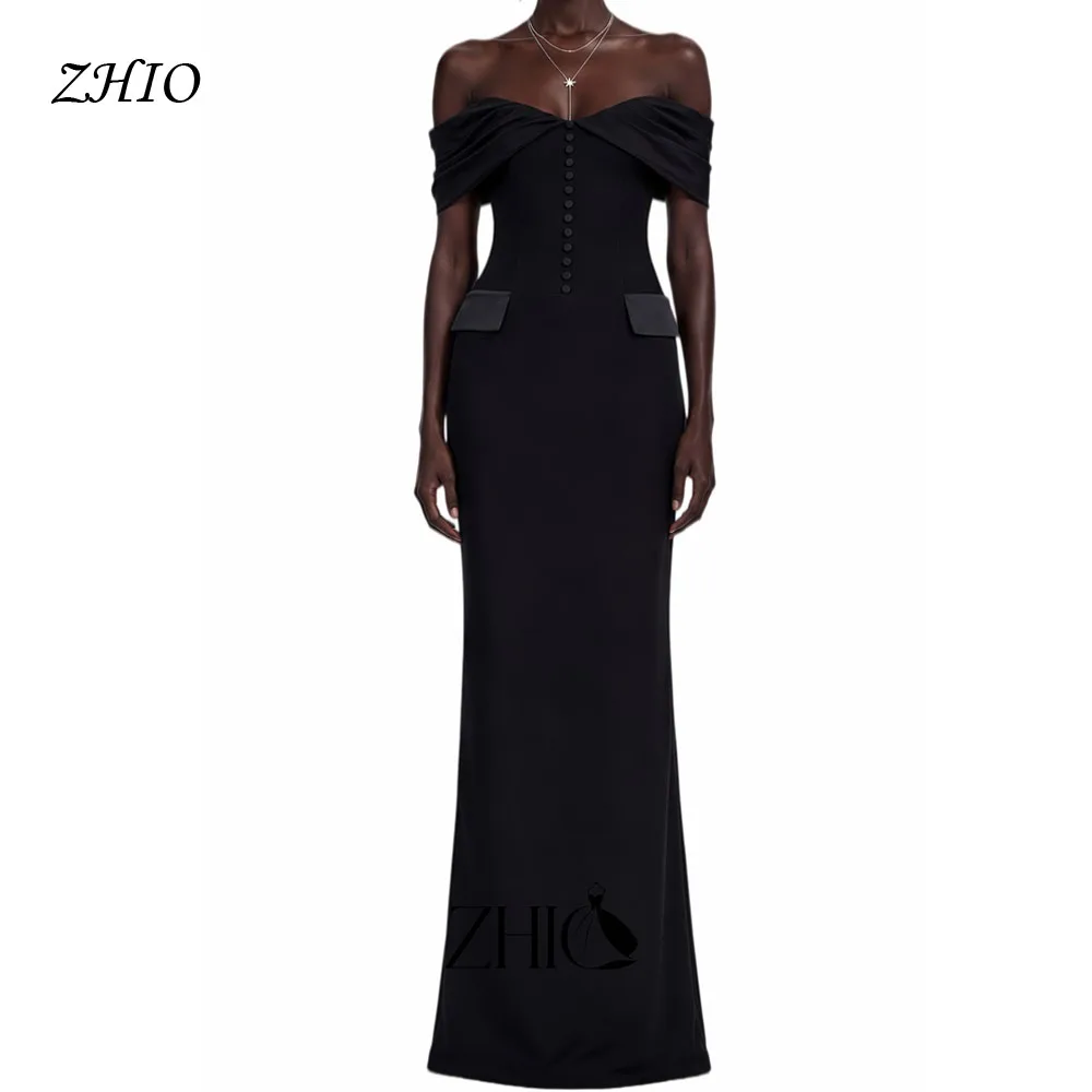 ZHIO Fashion Black Off Shoulder Evening Dress Crepe Satin Patchwork Buttons Lace Up Mermaid Back Slit Long Prom Gowns Custom