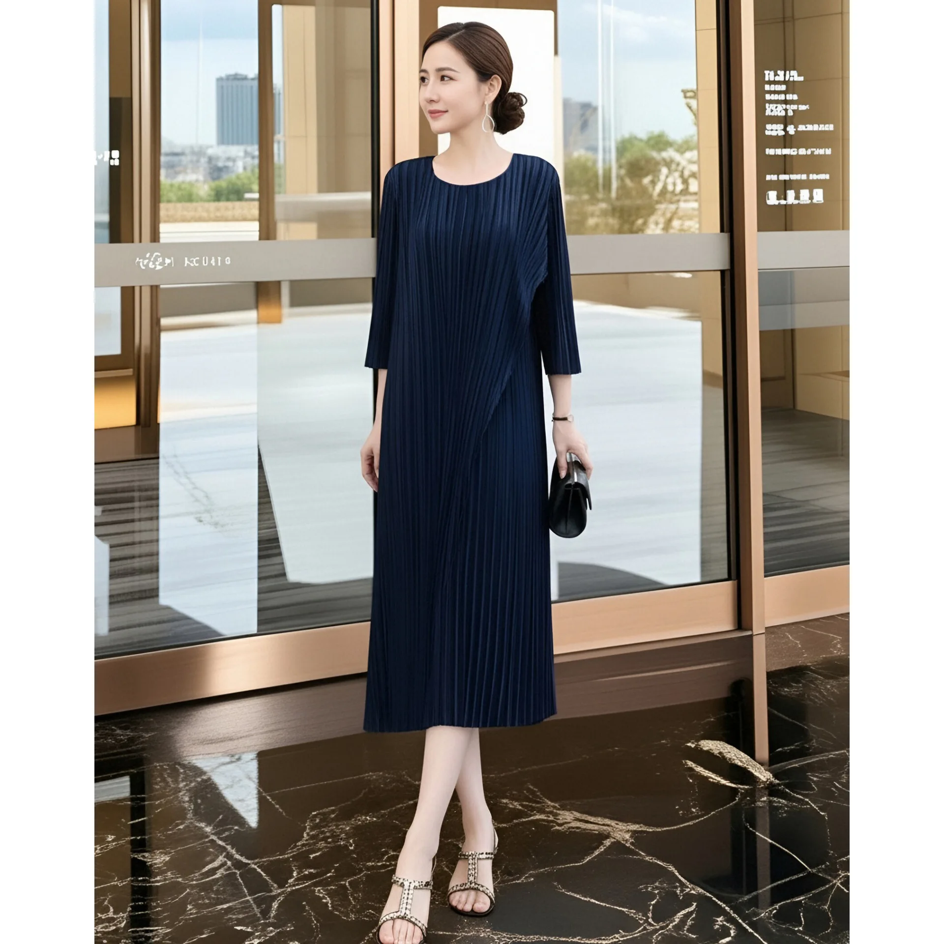 Miyake-vestido Irregular para mujer, Color sólido, elegante, cuello redondo, mangas tres cuartos, cintura suelta, falda acampanada de longitud media