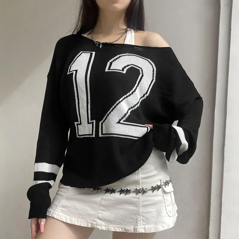 Colorful Letters Knitting One Shoulder Sweater Wome Autumn Winter Loose Pullover Knit Sweater