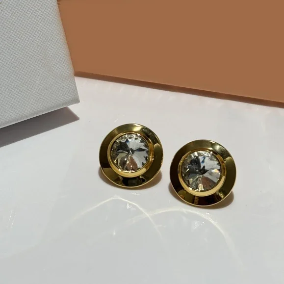 

Europe Brand Designer Gold Round Crystal Earrings Ear Clip Women Luxury Jewelry Runway Trend