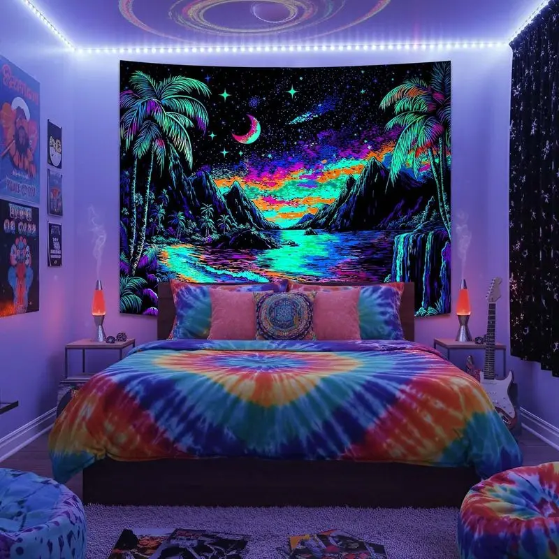 VIKAMA Black Light Tropical Strand Fan Palm Crescent Stars UV Active Tapestry Mind Altering Wall Decor Accent Soft Durable Cozy