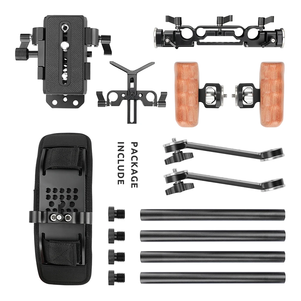 SZRIG Pro Shoulder Mount Rig With Manfrotto Quick Release Baseplate & Adjustable Rosette Wooden Handgrip For DSLR Camera