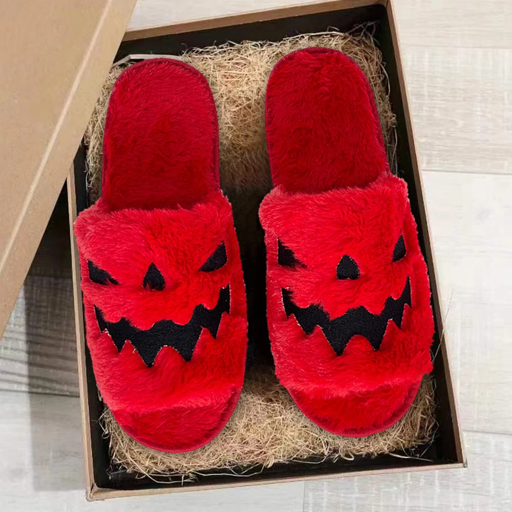 Halloween Spooky Slides Anti Slip Pumpkin Slippers Slip On Plush Slippers EVA Sole Household Slippers for Home Indoor