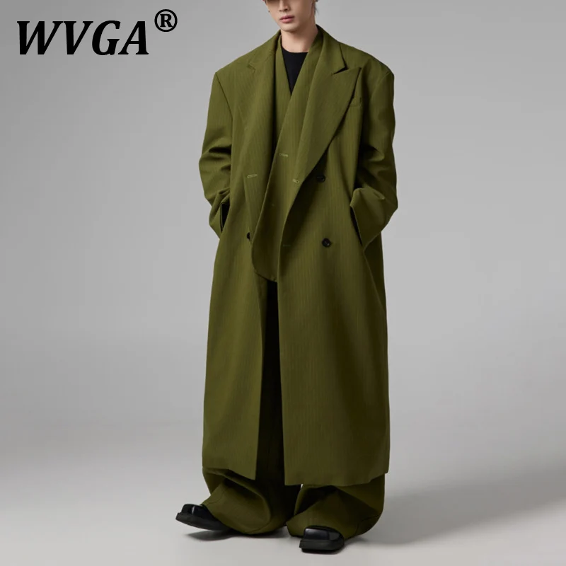 

WVGA Autumn Winter New Men Tide High Street Niche Design Striped Mid-length Trench Coat Fashion Chic Casual Punk Tops Ins W8363