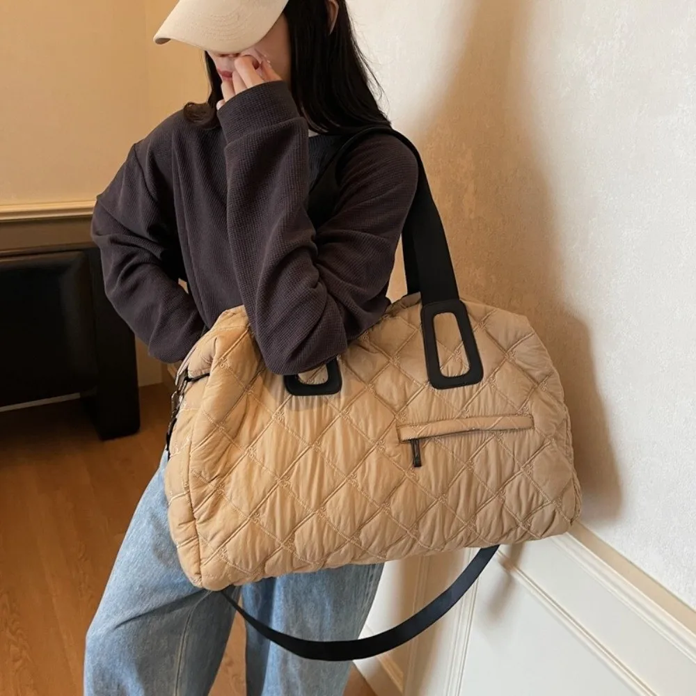 

Portable Large Capacity Tote Bag Diamond Grid Pattern Canvas Shoulder Bag Lightweight Waterproof Handbags Women