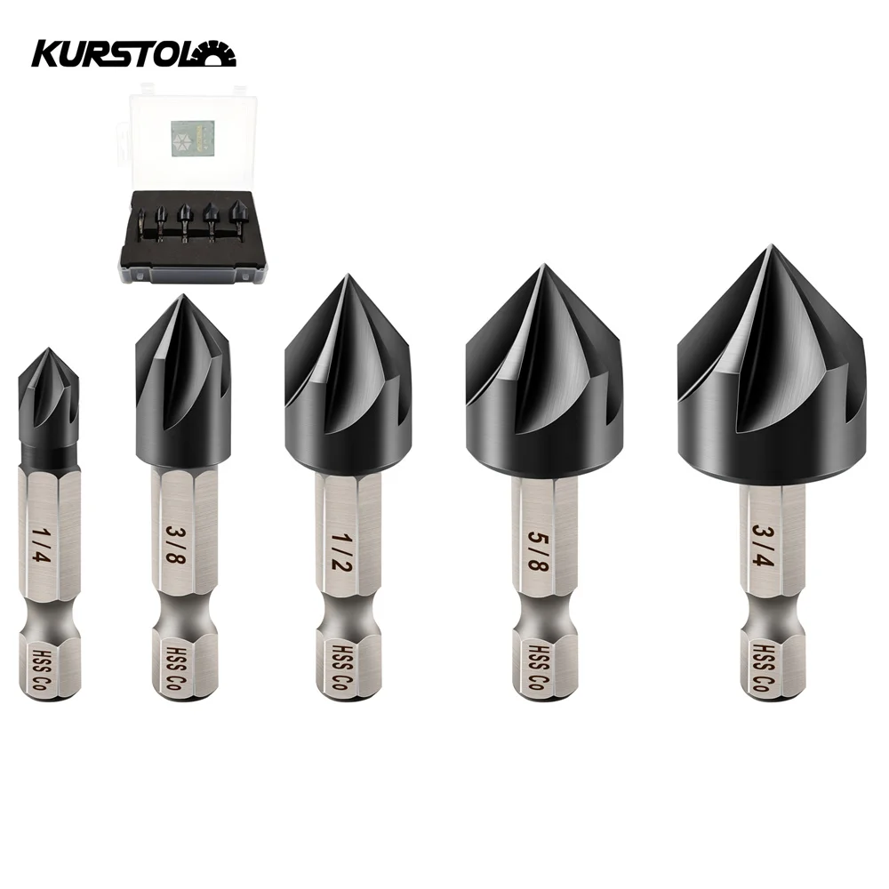 KURSTOL 5Pcs M35 HSS Chamfer Drill Sets 82 Degrees Quick-fit Shank Countersink Drill Bit Chamfer Cutter For Stainless Steel Iron