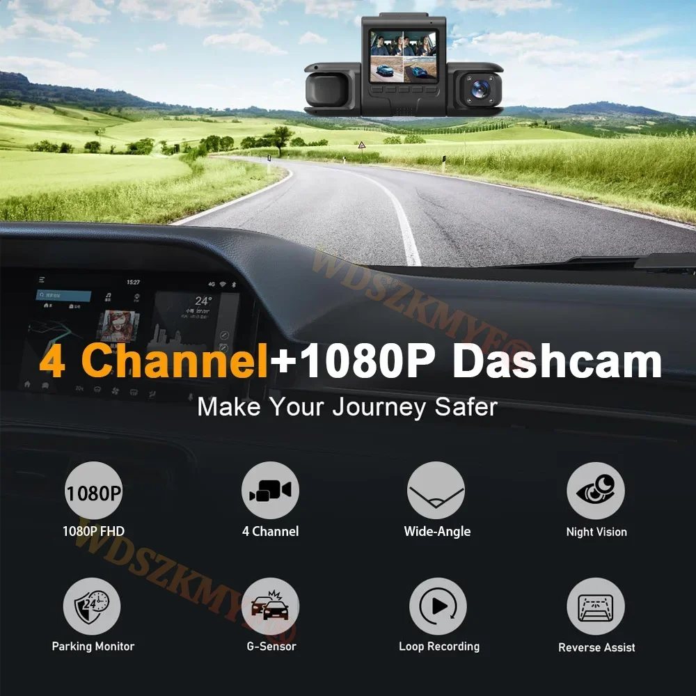 360° Car Dash Cam 4 Channels Video Recorder 1080P WIFI Car DVR 4 lens Front inside Rotatable Rear View Night Vision Black Box