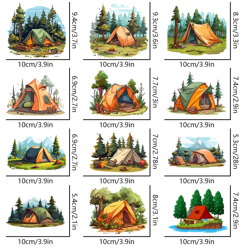 12 Pieces Camping Tent Pattern Heat Transfer Iron-On Transfer Stickers DIY Heat Embossed Decals Apparel Heat Transfer Patches